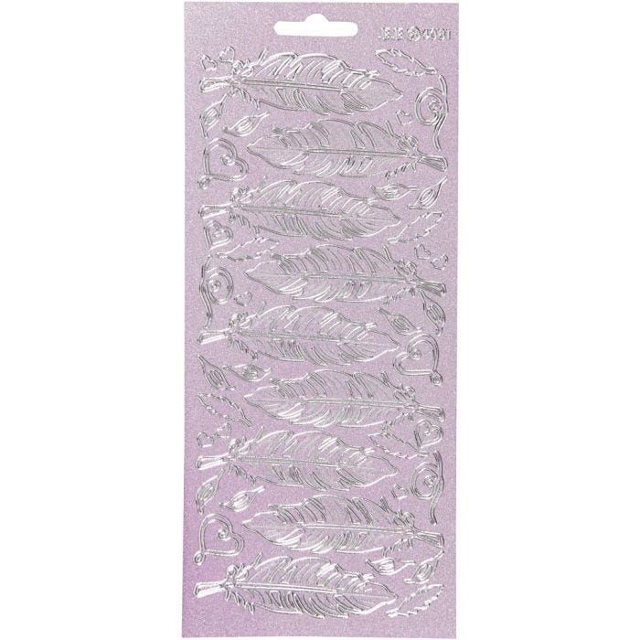 Autocollants, plumes, feuille 10x23 cm, argent, 1 flles