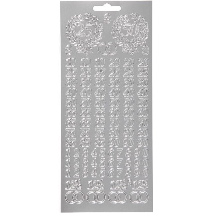 Autocollants, chiffres de célébration, feuille 10x23 cm, argent, 1 flles