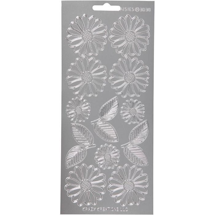 Autocollants, marguerites, feuille 10x23 cm, argent, 1 flles