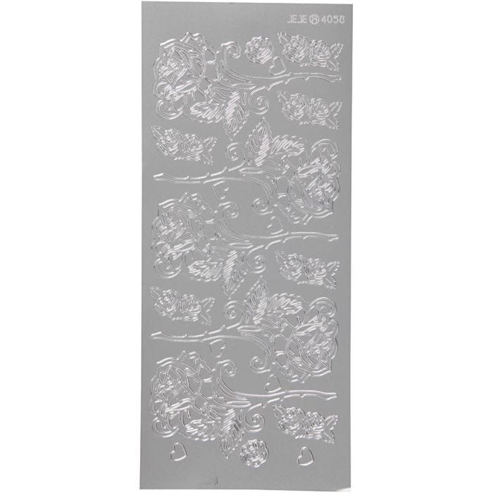 Autocollants, roses, feuille 10x23 cm, argent, 1 flles