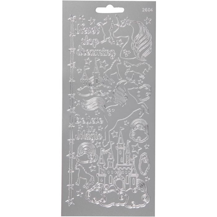 Autocollants, licorne, feuille 10x23 cm, argent, 1 flles