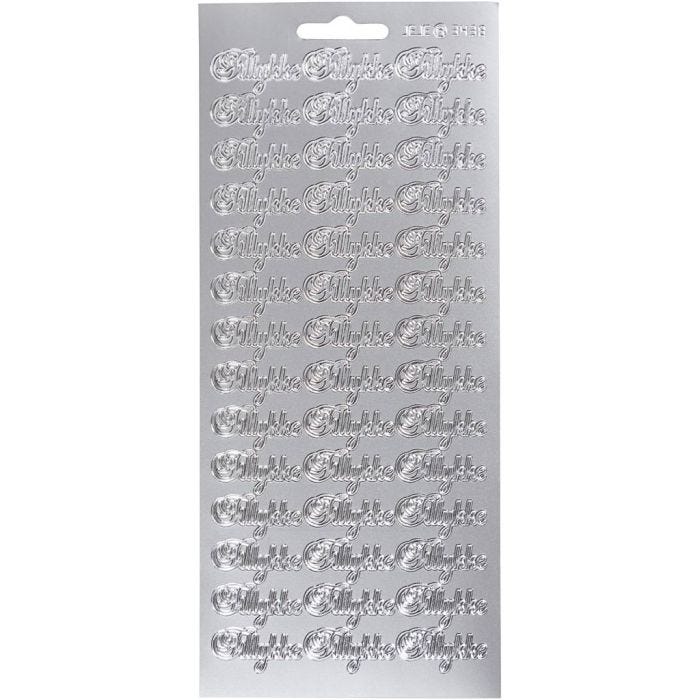 Autocollants, tillykke, feuille 10x23 cm, argent, 1 flles