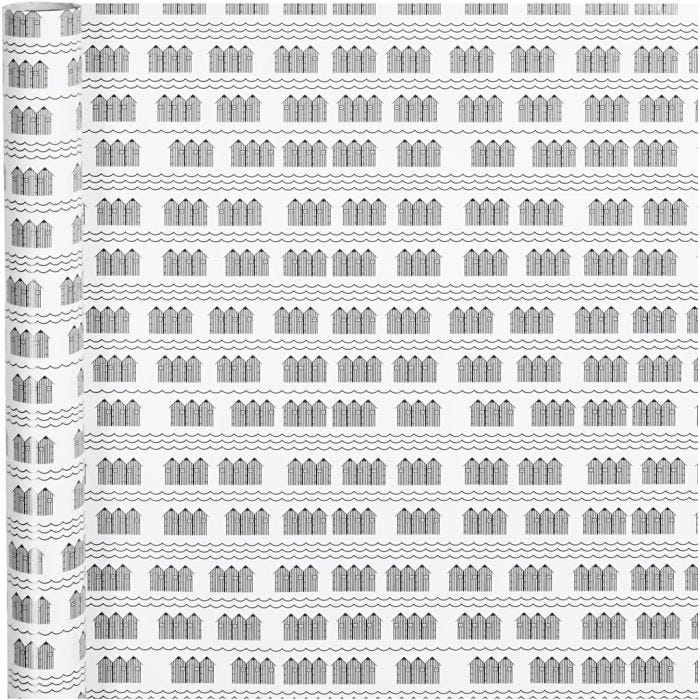 Papier cadeau, cabines de plage, L : 70 cm, 80 gr, noir, blanc, 4m/ 1 rouleau