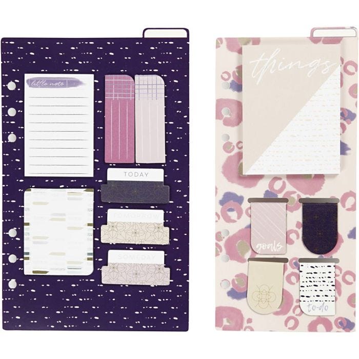 Assortiment de post-it et de marque-pages, dim. 10,3x22 + 13,8x22 cm, or, violet, rose, 2flles/ 1 Pq.