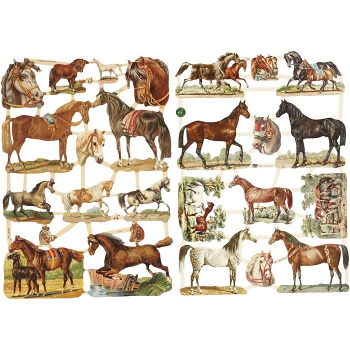 Découpes vintage, chevaux, feuille 16,5x23,5 cm, 2 flles/ 1 Pq.