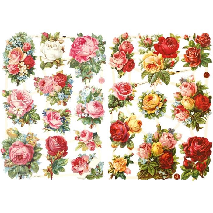 Découpes vintage, assortiment de roses, feuille 16,5x23,5 cm, 2 flles/ 1 Pq.