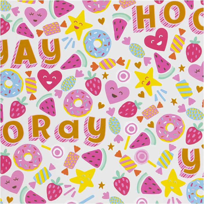 Papier cadeau, Bonbons, fruits et donuts, L : 50 cm, 80 gr, turquoise clair, 100 m/ 1 rouleau