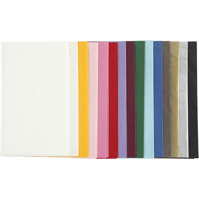 Papier de soie, feuille 50x70 cm, 17 gr, ass. de couleurs, 15x2flles/ 1 Pq.