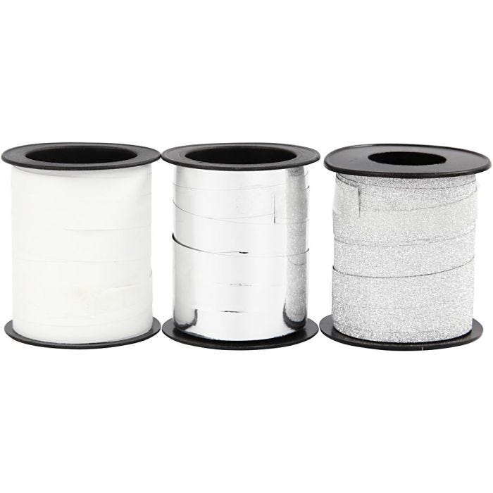 Ruban cadeau, L : 10 mm, argent, argent scintillant, blanc, 3x15m/ 1 Pq.
