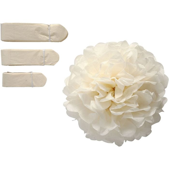 Pompons en papier, d 20+24+30 cm, 16 gr, blanc cassé, 3pièces/ 1 Pq.