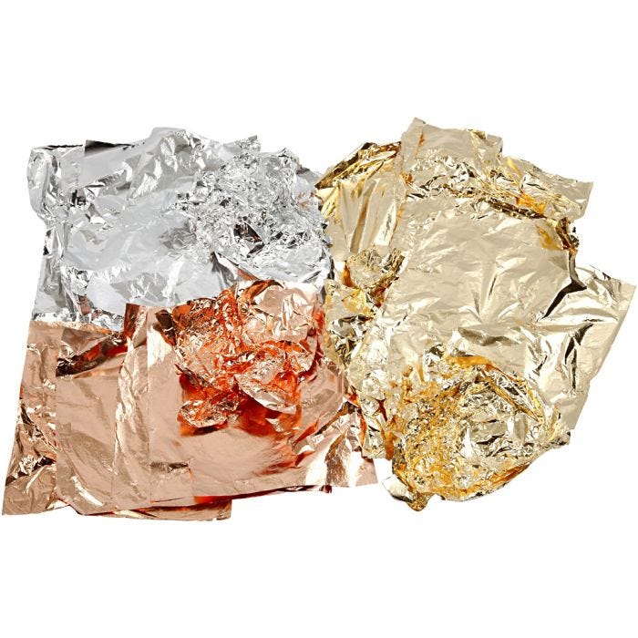 Imitation feuille métal, feuille 16x16 cm, copper, or, argent, 3x50 flles/ 1 Pq.