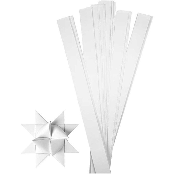 Bandes de papier étoiles, L : 73 cm, d 11,5 cm, L : 25 mm, blanc, 100 bandes/ 1 Pq.