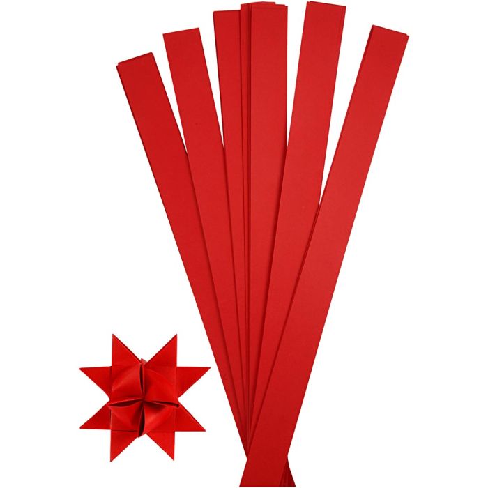 Bandes de papier étoiles, L : 73 cm, L : 25 mm, d 11,5 cm, rouge, 100 bandes/ 1 Pq.