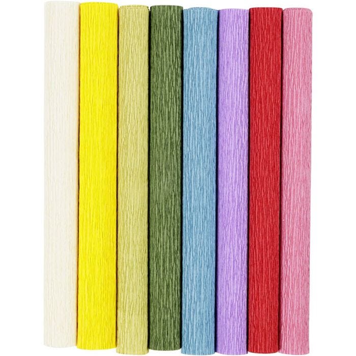 Papier crépon, feuille 25x60 cm, Crêpé à 180%, 105 gr, couleurs classiques, 8flles/ 1 Pq.
