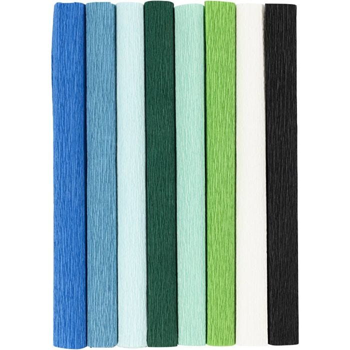 Papier Crépon, feuille 25x60 cm, Crêpé à 180%, 105 gr, harmonie bleu/vert, 8 flles/ 1 Pq.