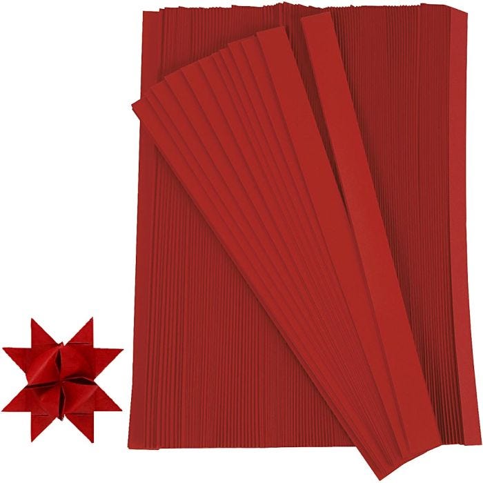 Bandes de papier étoiles, L : 45 cm, L : 15 mm, d 6,5 cm, rouge, 500bandes/ 1 Pq.