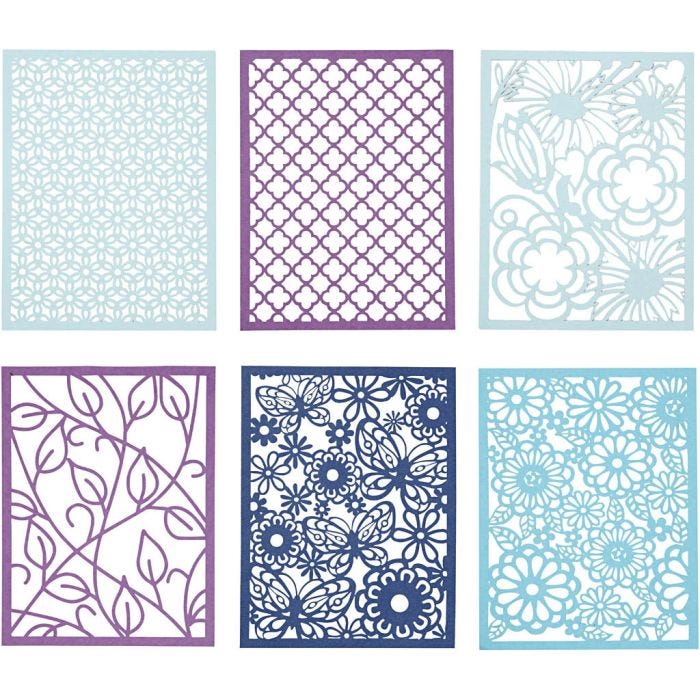 Bloc de papier cartonné avec des motifs façon dentelle, A6, feuille 104x146 mm, 200 gr, bleu, bleu clair, bleu foncé, violet, 24 pièces/ 1 Pq.