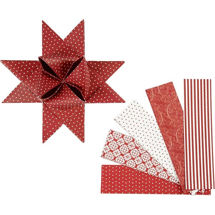 Bandes de papier étoiles, L : 100 cm, L : 40 mm, d 18 cm, rouge, blanc, 40 bandes/ 1 Pq.