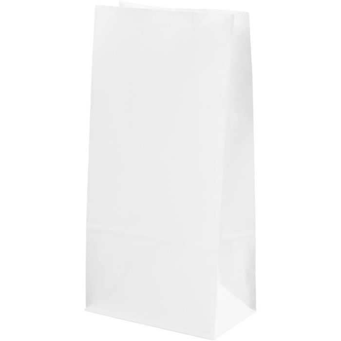 Sac en papier, H : 22.5 cm, dim. 6,5x11 cm, 50 gr, blanc, 100 pièces/ 1 Pq.