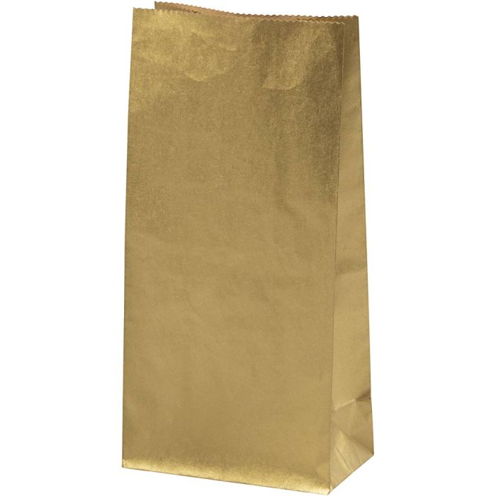 Sac en papier, H : 22.5 cm, dim. 6,5x11 cm, 50 gr, or, 10 pièces/ 1 Pq.