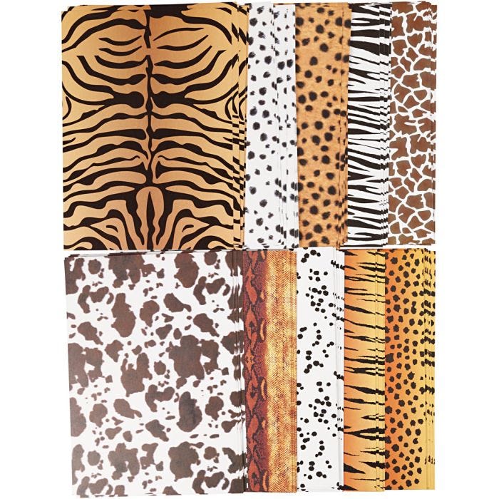 Papier cartonné à motifs animaux, A4, feuille 210x297 mm, 300 gr, 100 flles/ 1 Pq.