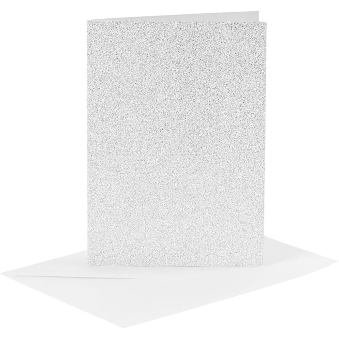 Cartes et enveloppes, dimension carte 10,5x15 cm, dimension enveloppes 11,5x16,5 cm, paillettes, 120+250 gr, argent, 4 set/ 1 Pq.