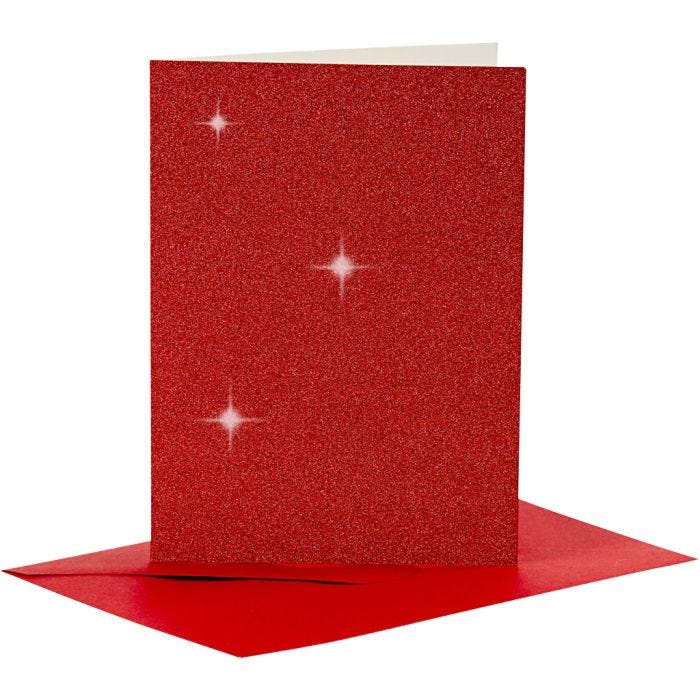 Cartes et enveloppes, dimension carte 10,5x15 cm, dimension enveloppes 11,5x16,5 cm, paillettes, 110+250 gr, rouge, 4set/ 1 Pq.