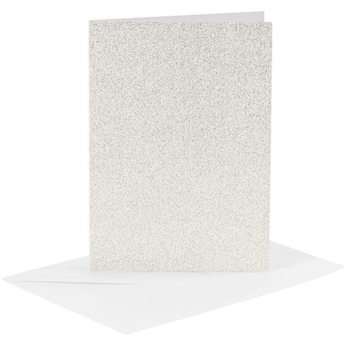 Cartes et enveloppes, dimension carte 10,5x15 cm, dimension enveloppes 11,5x16,5 cm, paillettes, 120+250 gr, blanc, 4 set/ 1 Pq.