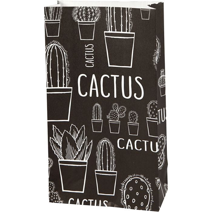 Sac en papier, cactus, H : 21 cm, dim. 6x12 cm, 80 gr, 8pièces/ 1 Pq.