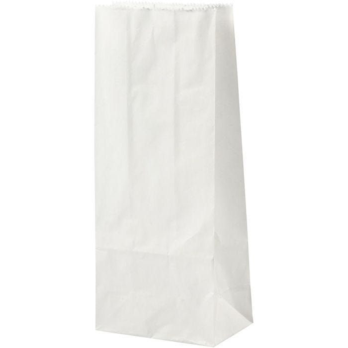 Sac en papier, H : 22 cm, dim. 6,5x9 cm, 46 gr, blanc, 100pièces/ 1 Pq.