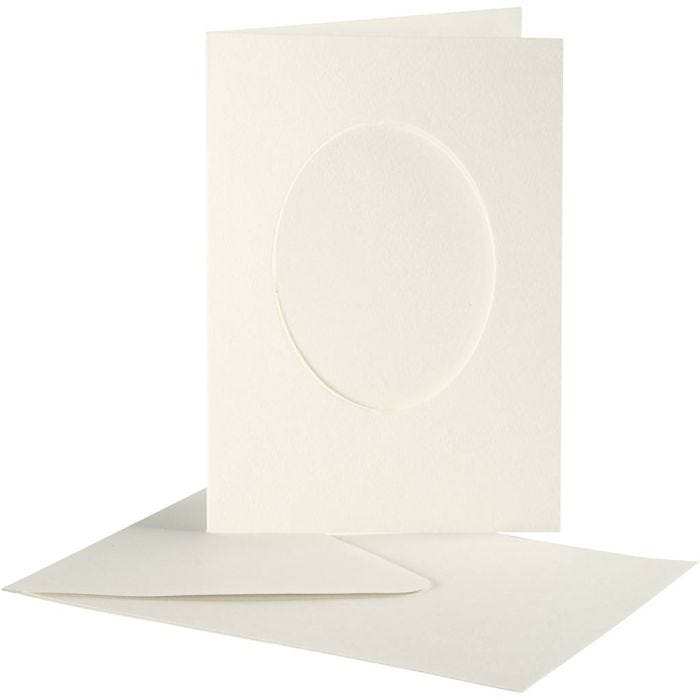 Cartes cadres et enveloppes, ovale, dimension carte 10,5x15 cm, dimension enveloppes 11,5x16,5 cm, blanc cassé, 10set/ 1 Pq.