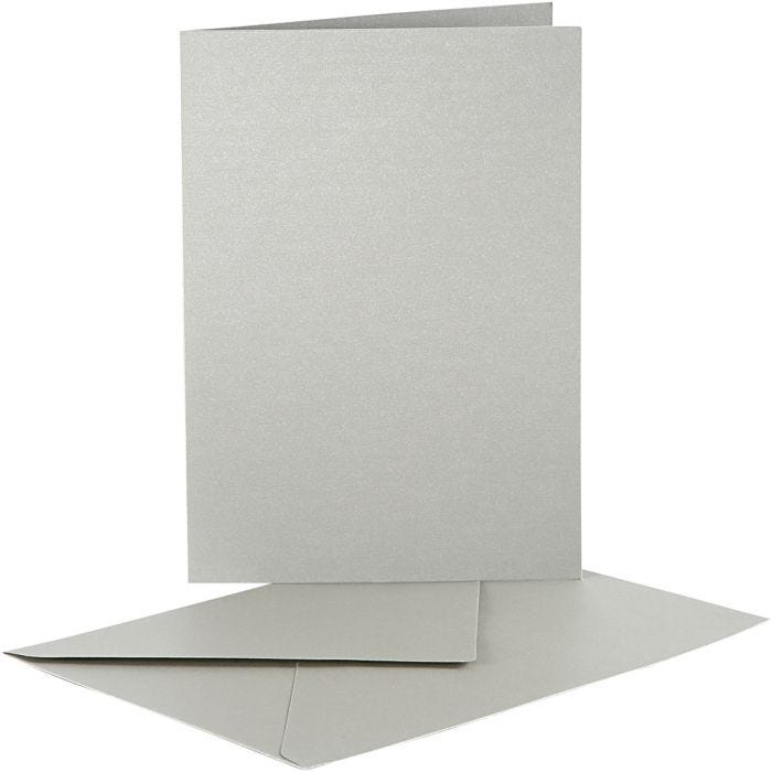 Cartes nacrées et enveloppes, dimension carte 10,5x15 cm, dimension enveloppes 11,5x16,5 cm, argent, 10 set/ 1 Pq.