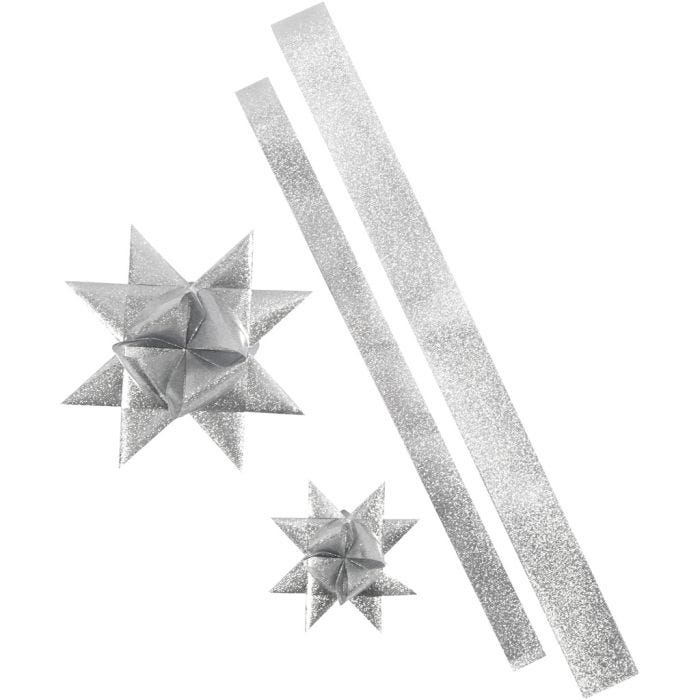 Bandes de papier étoiles, L : 86+100 cm, d 11,5+18,5 cm, L : 25+40 mm, argent scintillant, 16bandes/ 1 Pq.