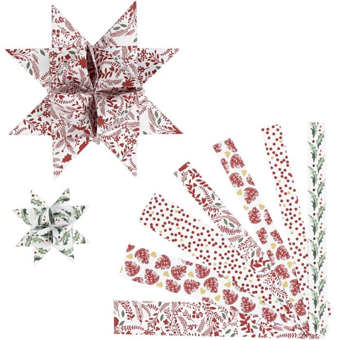 Bandes de papier étoiles, 44+78 cm, 6,5+11,5 cm, 15+25 mm, rouge, blanc, 48bandes/ 1 Pq.