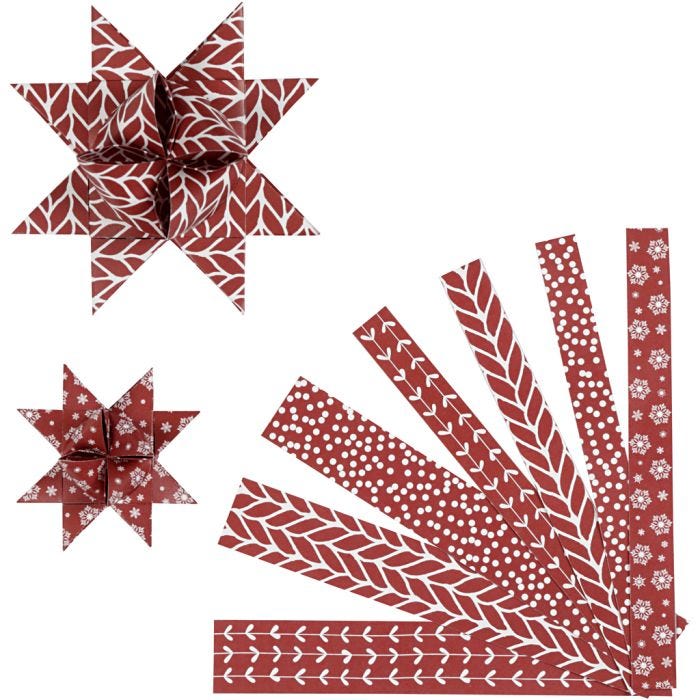 Bandes de papier étoiles, L : 44+78 cm, d 6,5+11,5 cm, L : 15+25 mm, rouge, blanc, 60 bandes/ 1 Pq.