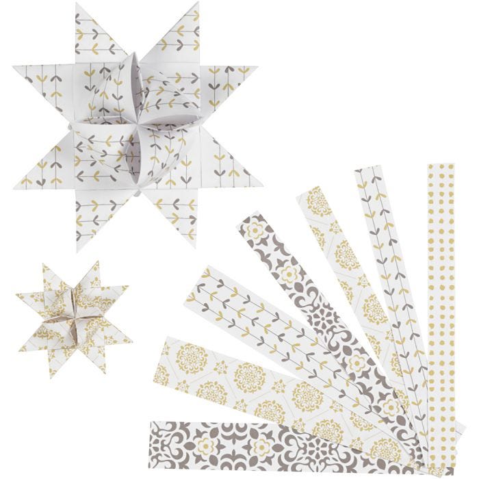 Bandes de papier étoiles, L : 44+78 cm, d 6,5+11,5 cm, L : 15+25 mm, or, blanc, 48bandes/ 1 Pq.