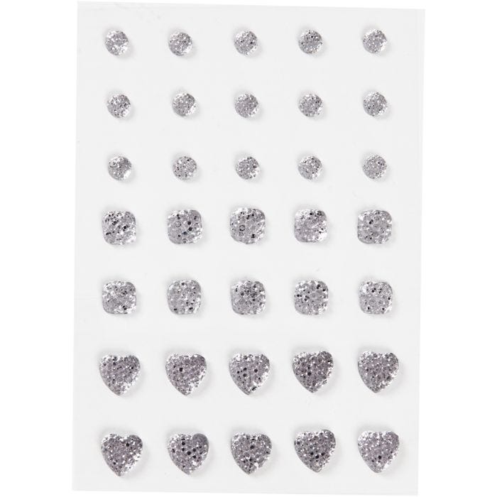 Pierres de strass, rond, carré, coeur, dim. 6+8+10 mm, argent, 35 pièces/ 1 Pq.