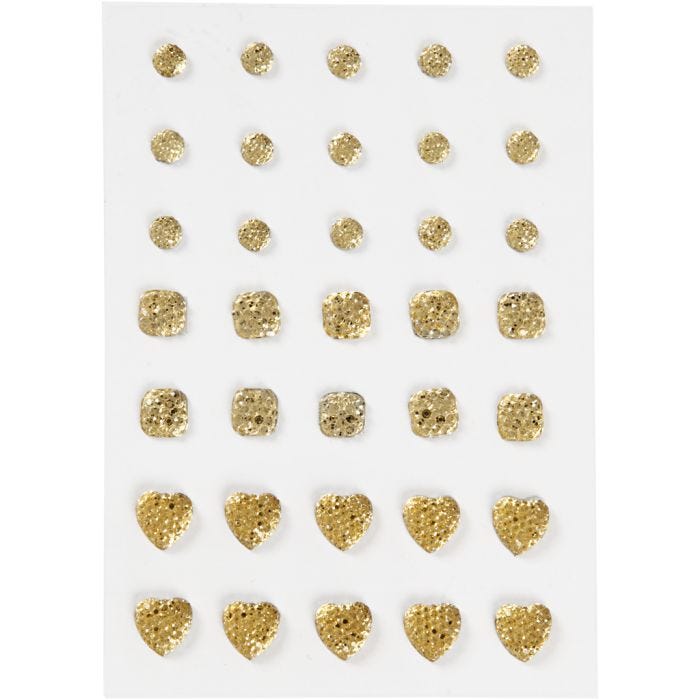 Pierres de strass, rond, carré, coeur, dim. 6+8+10 mm, or, 35 pièces/ 1 Pq.