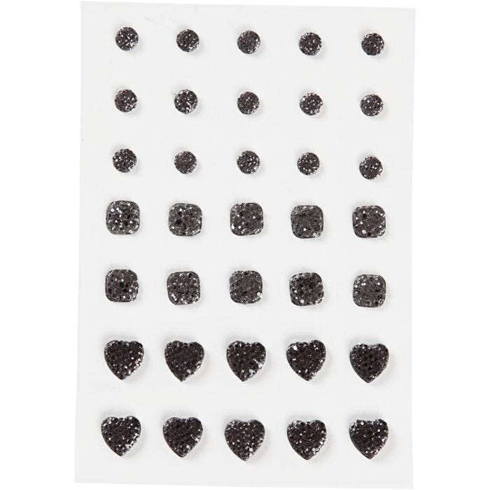 Pierres de strass, rond, carré, coeur, dim. 6+8+10 mm, noir, 35 pièces/ 1 Pq.