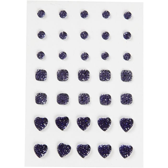 Pierres de strass, rond, carré, coeur, dim. 6+8+10 mm, bleu, 35 pièces/ 1 Pq.