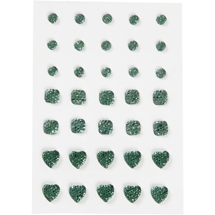 Pierres de strass, rond, carré, coeur, dim. 6+8+10 mm, vert, 35 pièces/ 1 Pq.