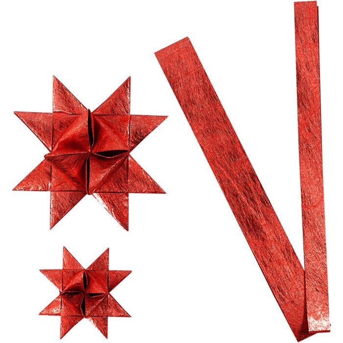 Bandes de papier étoiles, L : 44+78 cm, d 6,5+11,5 cm, L : 15+25 mm, rouge, 32bandes/ 1 Pq.