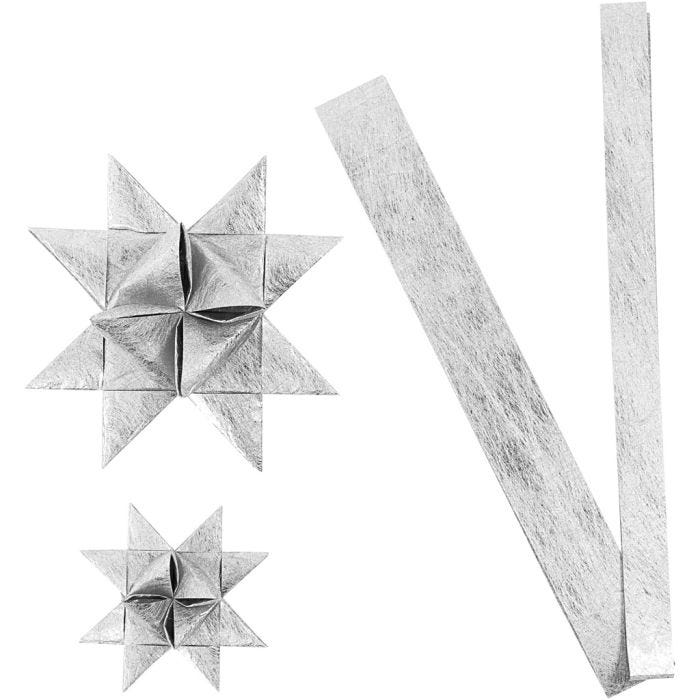 Bandes de papier étoiles, L : 44+78 cm, d 6,5+11,5 cm, L : 15+25 mm, argent, 32bandes/ 1 Pq.