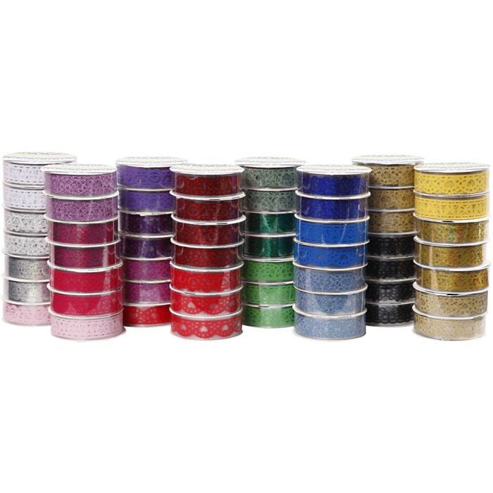 Ruban adhésif dentelle, L : 15 mm, ass. de couleurs, 56x3 m/ 1 Pq.