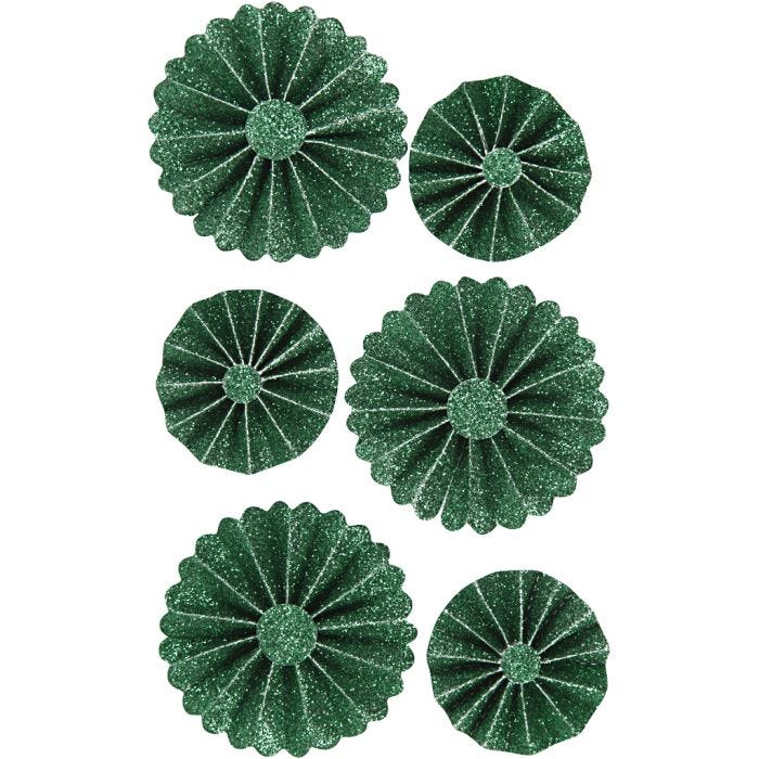 Rosettes en papier, d 35+50 mm, glitter vert, 6pièces/ 1 Pq.