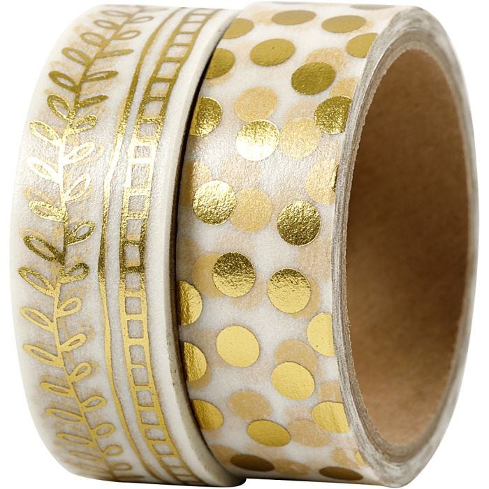 Ruban adhésif Washi Tape, raies et points - film, L : 15 mm, or, 2x4 m/ 1 Pq.