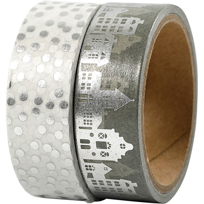 Ruban adhésif Washi Tape, maisons et points - film, L : 15 mm, argent, 2x4m/ 1 Pq.