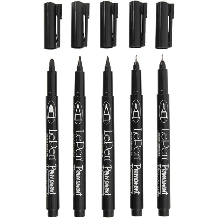 Feutres permanents, trait 2x0,6+2x0,8+1,3 mm, noir, 5 pièces/ 1 Pq.