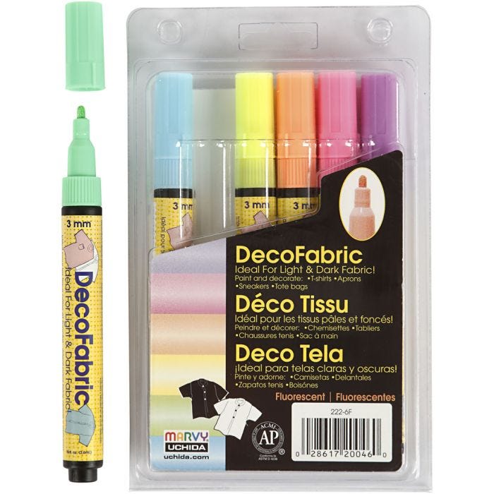 Feutres Textile Glitter Deco, trait 3 mm, couleurs néons, 6 pièces/ 1 Pq.