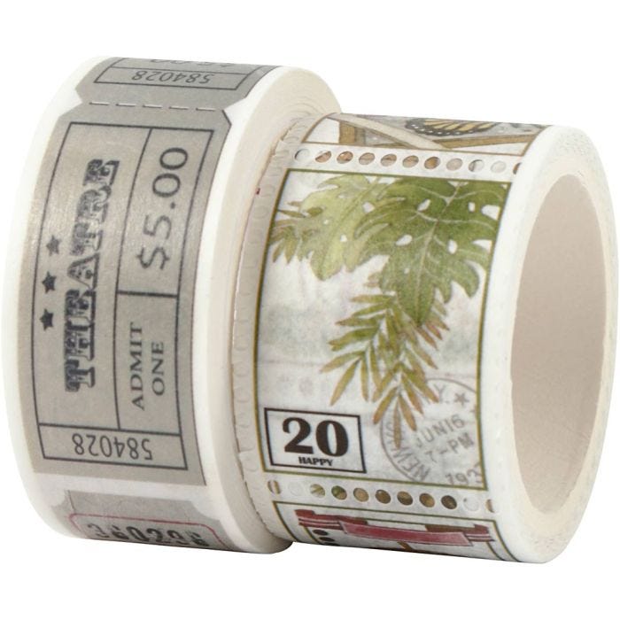Ruban adhésif Washi Tape, Motif tikets et nature, L : 3+5 M, L : 20+25 mm, 2 rouleau/ 1 Pq.